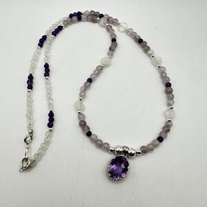 22" Revived moonstone, amethyst beaded and sterling silver necklace!